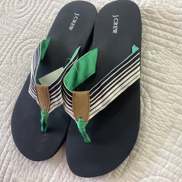 NWT J.Crew Mens Stripe Flip Flops Navy/Green Size 9 Cotton/Leather - Picture 8 of 8